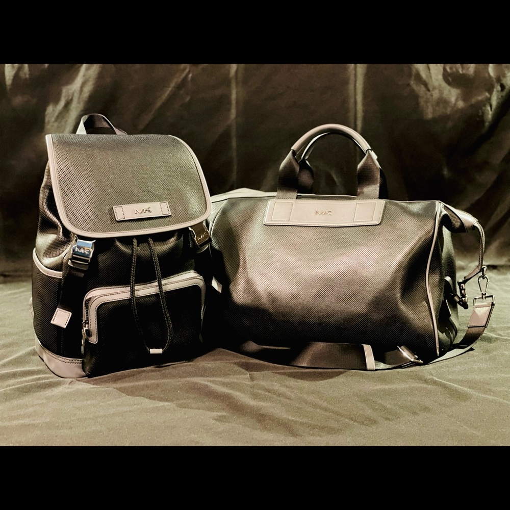 Black backpack and matching weekender bag